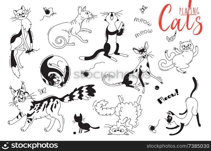 Set with playing cats of different breeds. Characters cat in the style of doodle cartoon. Vector illustration.. Set with playing cats of different breeds. Characters cat in the style of doodle cartoon. Vector illustration