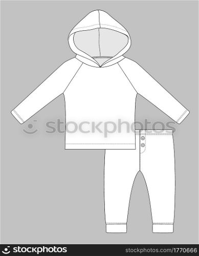 set with raglan long sleeve hoodie with and runner pants. Flat sketch template isolated on grey background