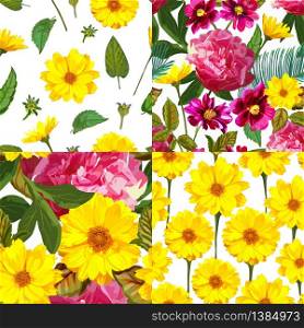Set with Seamless patterns with yellow chrysanthemums and red peonies flowers. Vector floral set with isolated herbaceous colorful showy plants. Golden-daisy.
