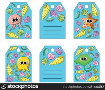 Set with small postcards in form tags. Theme cute cartoon underwater world.