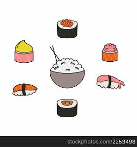 Set with sushi and rolls. Traditional Japanese food. Rice and chopsticks. Collection of icons for the restaurant. Vector illustration in doodle style.