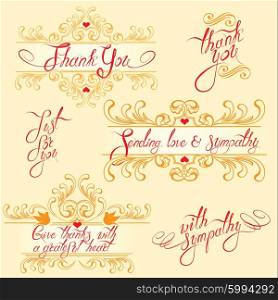 Set with Thank you cards in yellow and red colors. Stylish floral ornamental borders with calligraphic handwritten text, vintage design elements.