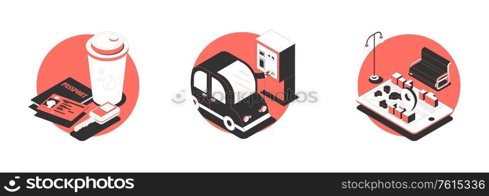 Set with three isolated behind wheel compositions of isometric images documents parking machine and location signs vector illustration
