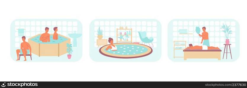 Set with three isolated compositions of water procedures with pool jaccuzi and sauna sceneries with people vector illustration. Water Procedures Flat Set