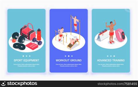 Set with three isolated workout isometric people vertical banners with page switch buttons and editable text vector illustration