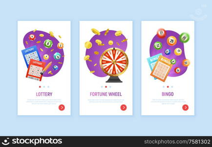Set with three realistic bingo lottery vertical banners with page switch buttons editable text and images vector illustration