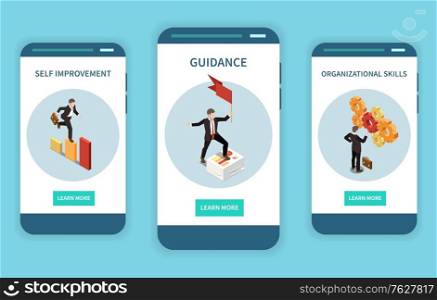 Set with three vertical banners with leadership concept isometric images human characters and learn more buttons vector illustration