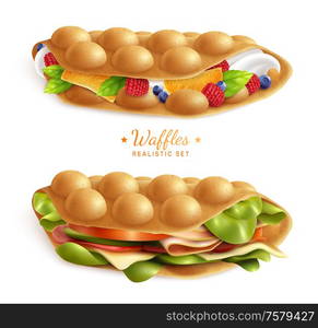 Set with two realistic images of bubble hong kong waffles sandwiches on blank background with text vector illustration