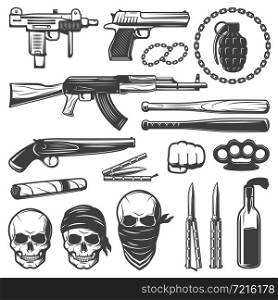Set with various isolated gangster symbols with weapons guns bats knives knuckleduster and gang skulls flat vector illustration. Monochrome Gangster Elements Set
