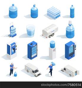 Set with water delivery isometric icons of plastic bottles boilers vending machines and characters of workers vector illustration