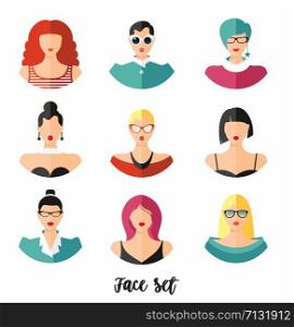 Set woman face hairstylein color. Girls vector illustration.. Set woman face hairstylein color. Girls vector illustration. Trend flat style.