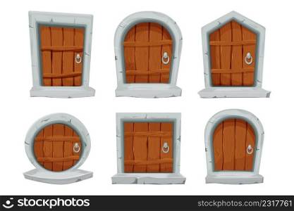 Set wood doors with stone decoration, arch in cartoon style isolated on white background. Fairy, mystery closed entrance, medieval element assets for ui games design. Vector illustration