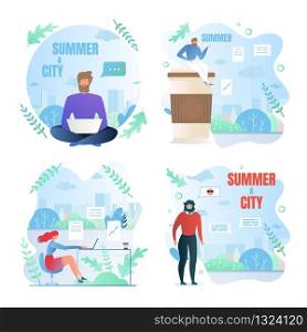 Set Working Summer People, Summer City Cartoon. Work in City During Summer Season. Young People Work in Office During Hot Season. Men Dream Rest from Everyday Work. Vector Illustration.