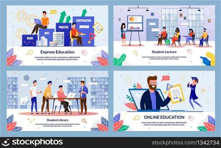 Set Written by Student Lecture, Express Education. Banner Student Library, Online Education. Students Sit in Lecture Hall at Their Desks and Listen to Teachers Woman Showing Diagrams.