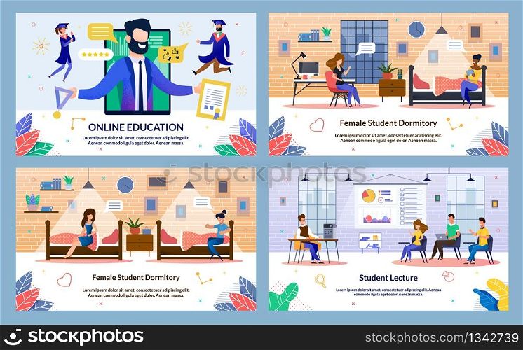 Set Written by Student Lecture, Online Education. Female Student Dormitory, Online Education. Dormitory Room Interior. Girls are Sitting on Beds under Light Lamp. Vector Illustration.
