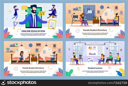 Set Written by Student Lecture, Online Education. Female Student Dormitory, Online Education. Dormitory Room Interior. Girls are Sitting on Beds under Light Lamp. Vector Illustration.