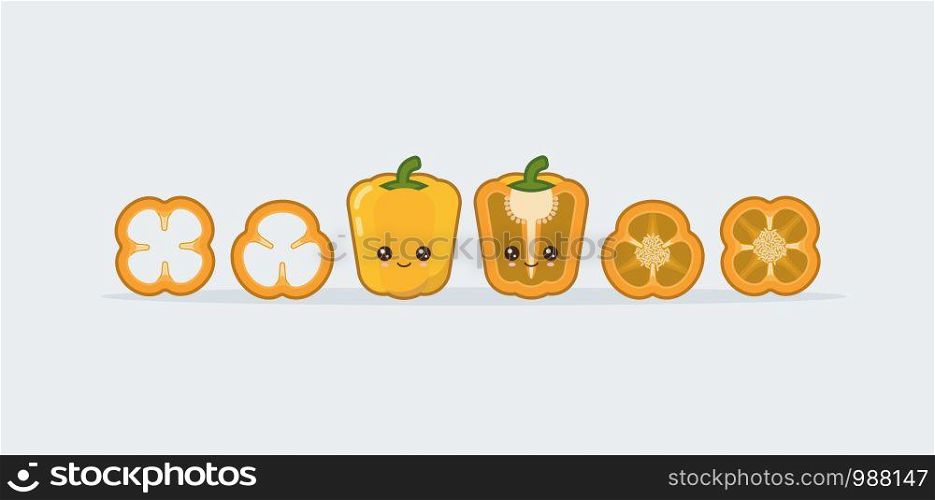 Set yellow bell pepper. Cute kawaii smiling food. Vector illustration