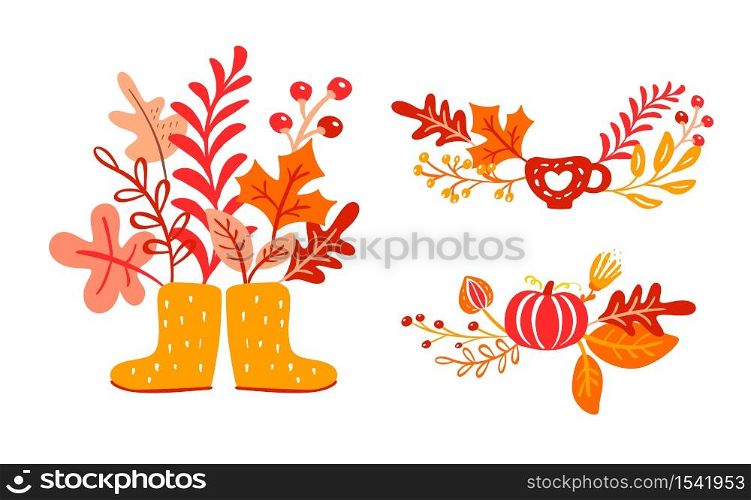 Set Yellow rubber boots with autumn leaves bouquet. Orange leaves of maple with cup, pumpkin with foliage oak, fall nature season poster thanksgiving design.. Yellow rubber boots with autumn leaves bouquet. Orange leaves of maple with cup, pumpkin with foliage oak, fall nature season poster thanksgiving design