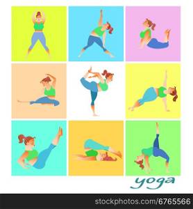 Set yoga fat woman. Set yoga fat woman healthy lifestyle home exercises