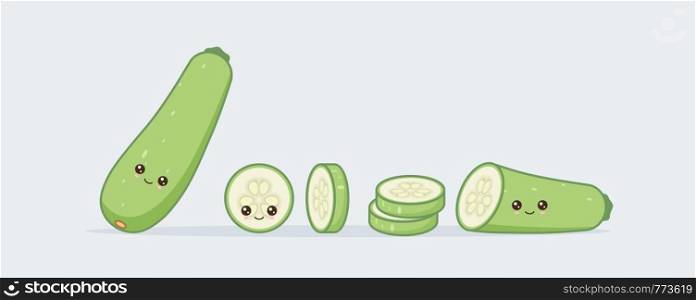 Set zucchini. Cute kawaii smiling food. Vector illustration