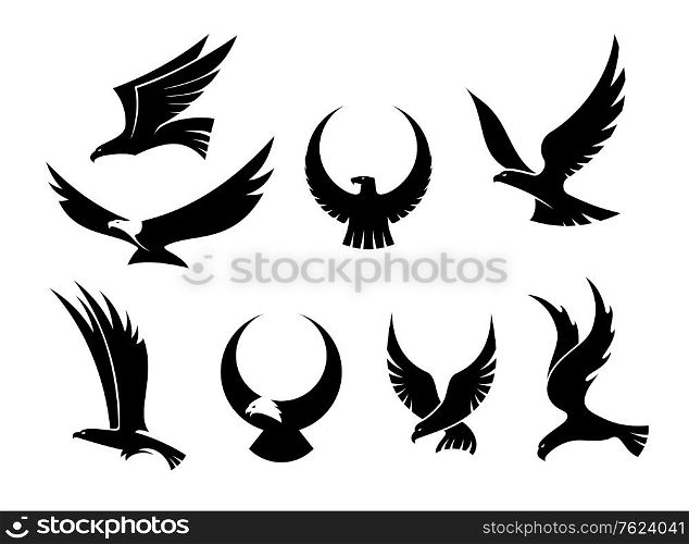Setof black silhouettes of graceful flying eagles with their outspread wings for heraldry and hunting design. Collection of silhouettes of flying eagles
