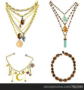 Sets with trendy multiple necklaces, chains. Jewelry background. . Sets with trendy multiple necklaces, chains.