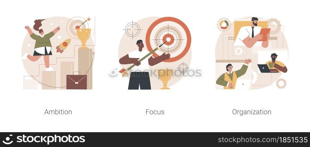 Setting big goal abstract concept vector illustration set. Business ambition, focus on success, self-organization ability, training personal skill, leadership, making fast career abstract metaphor.. Setting big goal abstract concept vector illustrations.