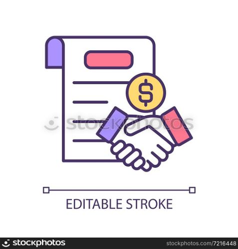 Setting business contract RGB color icon. Brand planning. Corporate sale. Trading document. Making commercial deals. Isolated vector illustration. Simple filled line drawing. Editable stroke. Setting business contract RGB color icon