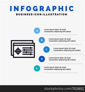 Setting, Controller, Target, Object Blue Infographics Template 5 Steps. Vector Line Icon template