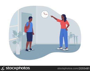 Setting curfew for teenager 2D vector isolated illustration. Angry mother scolding boy for being late flat characters on cartoon background. Managing teenage son responsibility colourful scene. Setting curfew for teenager 2D vector isolated illustration