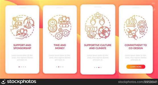 Setting for co-design onboarding mobile app page screen with concepts. Sponsorship, time and money walkthrough 4 steps graphic instructions. UI vector template with RGB color illustrations. Setting for co-design onboarding mobile app page screen with concepts