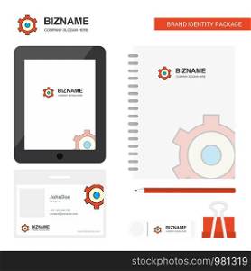 Setting gear Business Logo, Tab App, Diary PVC Employee Card and USB Brand Stationary Package Design Vector Template