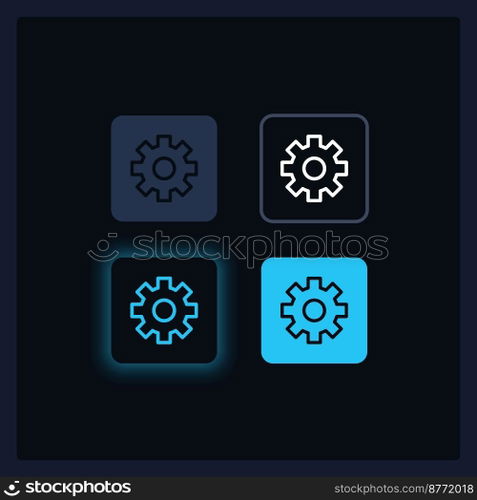 Setting gear UI elements kit. Software configuration isolated vector components. Flat navigation menus and interface buttons template. Dark theme web design widget collection for mobile application. Setting gear UI elements kit