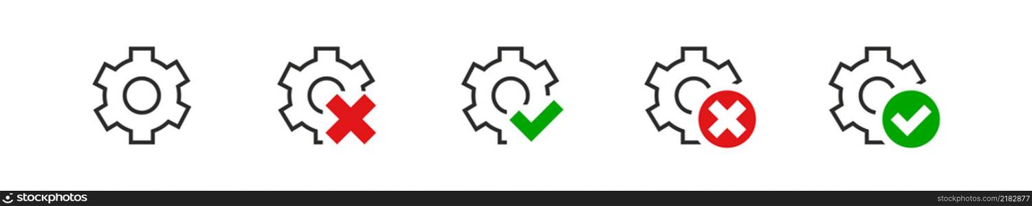 Setting gears icon with check and cross mark. Set process button. Vector flat illustration