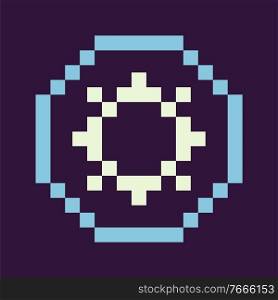 Setting icon vector, isolated pixel element of game, pixelated wheel, cogwheel in frame, circle with gear allowing to change options 8 bit flat style. Abstract Circle Settings Pixel Icon of Game Vector