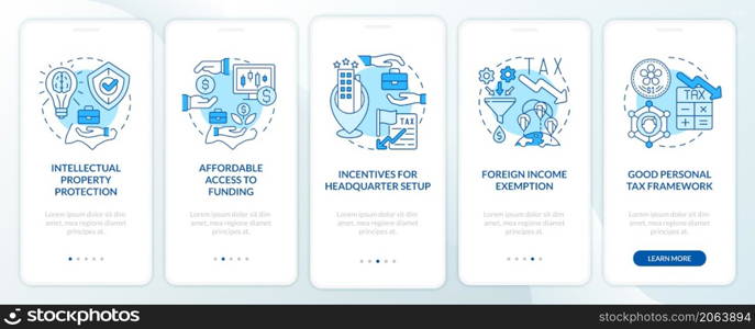 Setting up business in asian country blue onboarding mobile app screen. Walkthrough 5 steps graphic instructions pages with linear concepts. UI, UX, GUI template. Myriad Pro-Bold, Regular fonts used. Setting up business in asian country blue onboarding mobile app screen