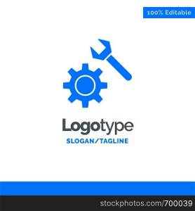 Setting, Wrench, Gear Blue Solid Logo Template. Place for Tagline
