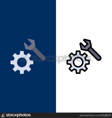 Setting, Wrench, Gear Icons. Flat and Line Filled Icon Set Vector Blue Background