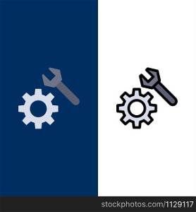 Setting, Wrench, Gear Icons. Flat and Line Filled Icon Set Vector Blue Background