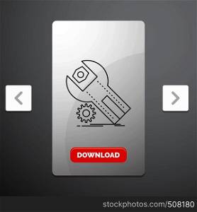 settings, App, installation, maintenance, service Line Icon in Carousal Pagination Slider Design & Red Download Button. Vector EPS10 Abstract Template background