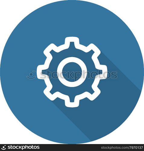 Settings Icon. Gear with Blue Background. Long Shadow. Flat Style Design.