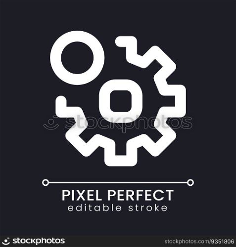 Settings notification pixel perfect white linear ui icon for dark theme. Functions setup. Vector line pictogram. Isolated user interface symbol for night mode. Editable stroke. Poppins font used. Settings notification pixel perfect white linear ui icon for dark theme