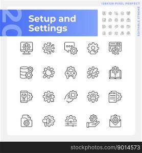 Setup and settings pixel perfect gradient linear vector icons set. Computer configuration. Save changes. Thin line contour symbol designs bundle. Isolated outline illustrations collection. Setup and settings pixel perfect gradient linear vector icons set