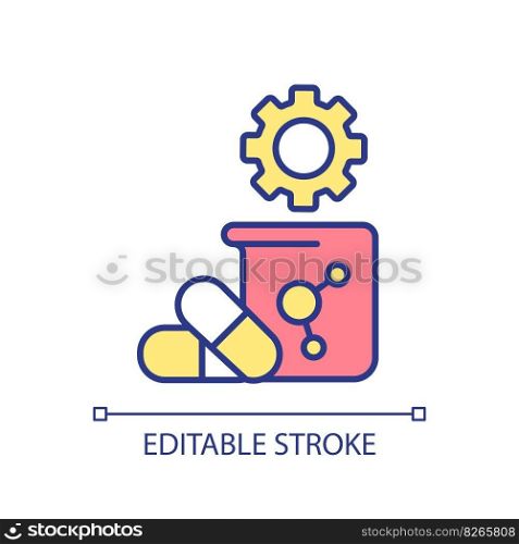 Setup drugs development RGB color icon. Technology of pharmacy and chemistry. Medical remedy manufacturing. Isolated vector illustration. Simple filled line drawing. Editable stroke. Setup drugs development RGB color icon