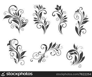 Seven floral elements isolated on white background for retro design