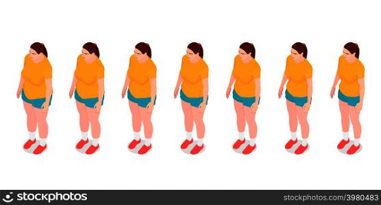 Seven identical girls show the process of losing weight. Isometric girls with different weight.