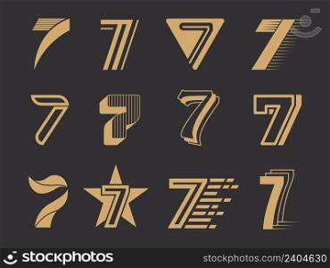 Seven logo. 7s stylized graphic symbols alphabet numbers letter icons recent vector templates collection. Logo 7 sign, logotype number identity for business. Seven logo. 7s stylized graphic symbols alphabet numbers letter icons recent vector templates collection