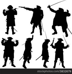 seven silhouettes of pirate with sword and pistol in cardigan and hat