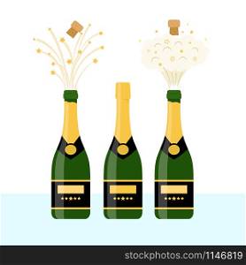 Several bottles of champagne being opened, vector illustration. Several bottles of champagne