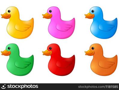 Several colors rubber ducks on white background